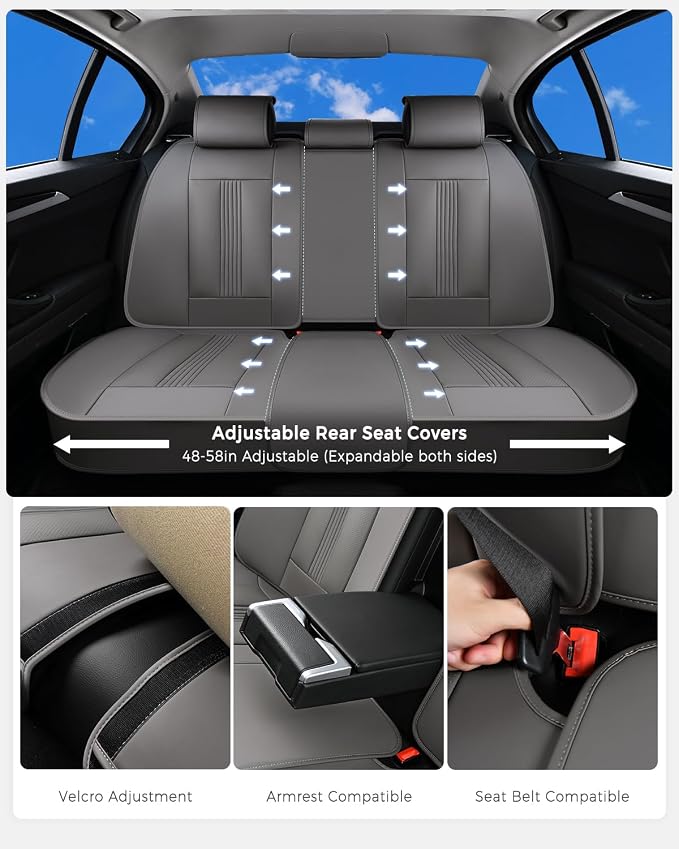 Huidasource Gray Seat Covers, Nappa Leather Car Seat Cover with Lumbar Support, Ventilation Holes, Velcro Adjustable, Airbag, Full-Coverage Seat Covers, Universal Fit for Most Cars SUV Trucks, Gray