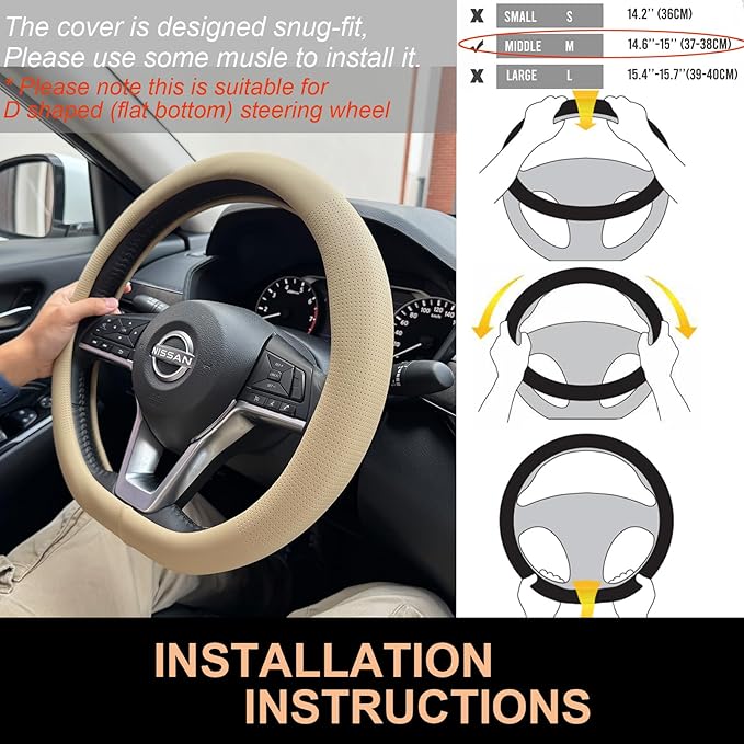 PINCTROT D Shaped Nappa Leather Steering Wheel Cover, Slim Fit No Bulk Design, One Piece Leather with Breathable Perforation, Fit Like Gloves, Flat Bottom 14.5-15 Inch(Nappa Light Taupe)