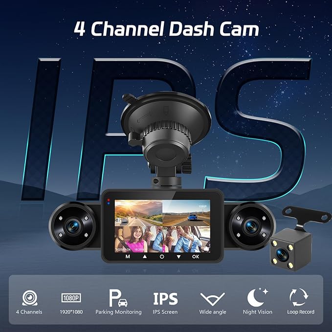 NHOPEEW Dash Cam Front and Rear Inside, 4 Channel Dash Cam 3" IPS Screen Front and Back with 8 IR Night Vision Lights, Loop Recording, 24 Hours Recording, G-Sensor, Reverse Help