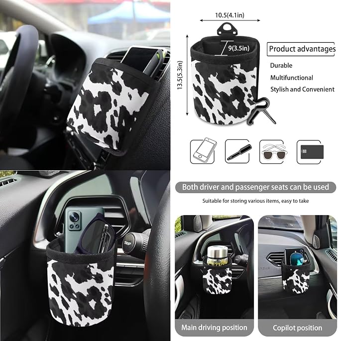 Wanyint Black Cow Print Car Seat Cover Split Covers for Women Men, Car Steering Wheel Cover Seat Belt Strap Pad Trash Bag Mount Phone Holder Rearview Mirror Accessories Cup Holder Key Chain, 15 PCS