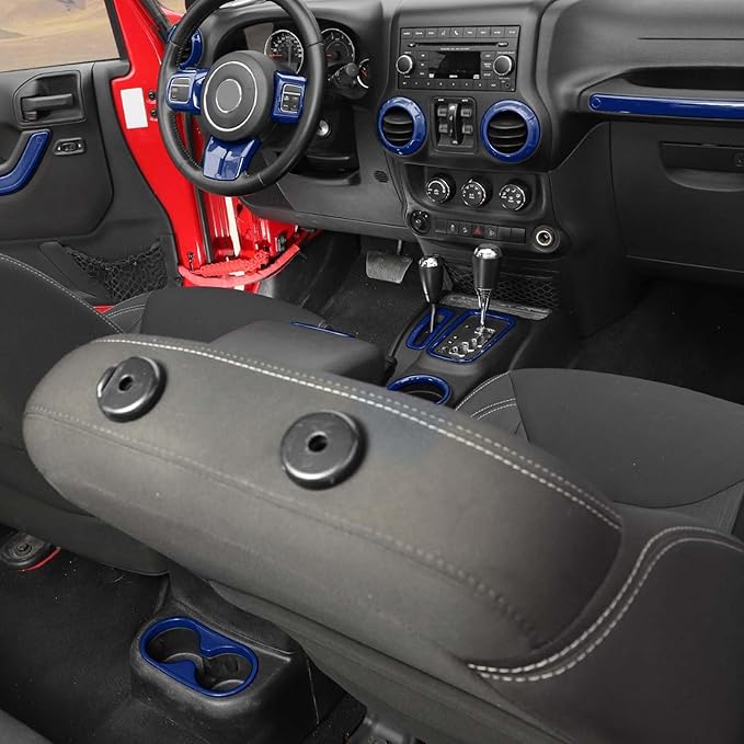 Hoolcar Steering Wheel Cover Gear Shift Panel Trim Cover Water Cup Holder Cover Kit Interior Accessories Kit Fit for Jeep Wrangler JK JKU 2011-2018, 4-Door, Blue