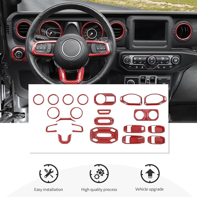21PCS Red Carbon Fiber Interior Trim Kits Fit for 2018-2023 Jeep Wrangler JL JLU & Gladiator JT 4Door Interior Decor Accessories Dashboard Headlight Switch Roof Speaker Inner Door Bowl Steering Button