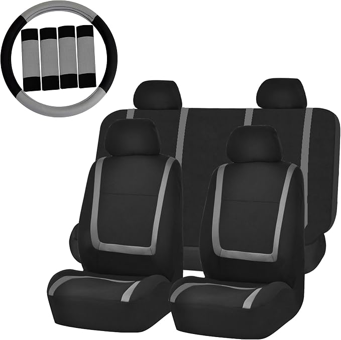 FH Group Automotive Seat Covers Unique Flat Cloth Gray Full Set, Combo Steering Wheel Cover and Seat Belt Pads Rear Solid Bench Universal Fit for Vans Cars Trucks and SUV Interior Accessories