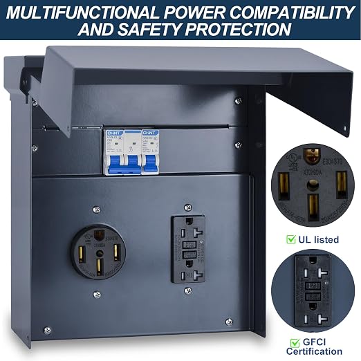 RV Electrical Panel with Breaker, Temporary Power Outlet Box, UL 50 20 Amp Receptacles, Outdoor Weatherproof Metal Enclosure, Easy Setup for Campers, Travel Trailers, Mobile Homes (Blue)