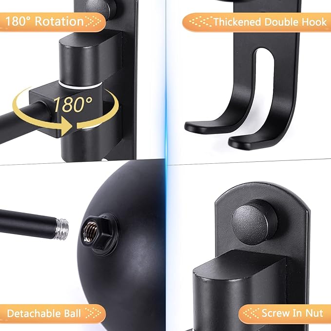 Kikerike Motorcycle Helmet Rack Wall Mount with 180 Degree Rotation and 2 Hooks - Metal Helmet Holder Display Stand, Black, 6 Pcs
