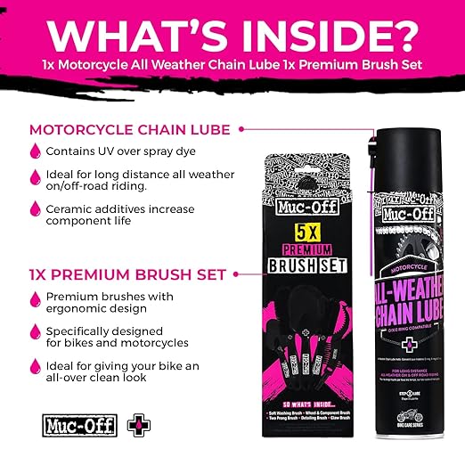Muc-Off All-Weather Motorcycle Chain Lube 400ml + 5 Brush Set | Premium Synthetic Motorcycle Chain Lubricant | Ceramic Formula & Long-Lasting | Includes Bike Brush Kit