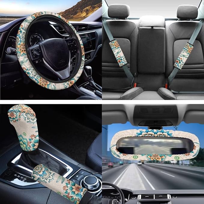 Boho Car Accessory Bohemian Flower Dragonfly Seat Covers for Women,Comfy Durable Auto Interior Set Protection with Steering Wheel +Seatbelt Pads+Mirror Cover+Coaster+Car Handbreak Cover