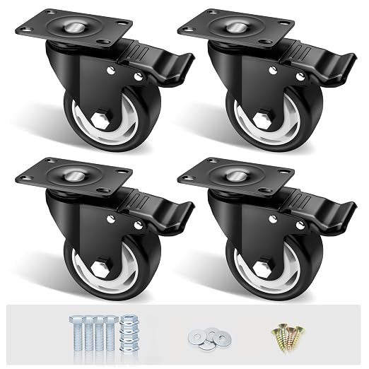 3" Swivel Plate Casters, 1000Lbs Capacity with Brake | Black, 4-Pack, PU Wheels, Double Ball Bearings, Quiet & Non-Marking, for Workbenches & Carts