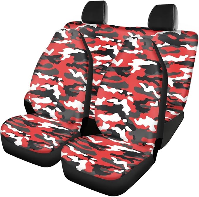 17Pcs Red Camo Print Car Seat Cover Set, Easy Install, Car Seat Cover with Mats Steering Wheel Cover Armrest Cover Car Seat Belt Covers Car Coaster Keychain Roof Gloves
