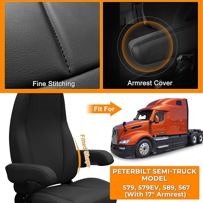 Leather Seat Cover Compatible with Peterbilt Model 579, 579EV, 589, 567, Driver or Passenger 33in High Back Seat Cover, Bottom Back & Armrest Cover, Long Armrests 17in