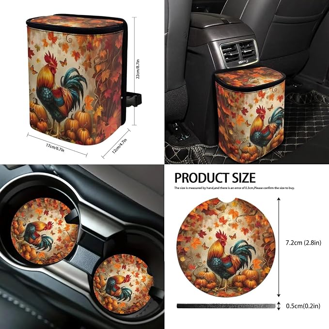 Suobstales Rooster Chicken Pumpkin Maple Leaves Print 13 PCS Car Accessories Thanksgiving Decor Car Seat Covers Steering Wheel Cover Coasters Keychains Trash Bin Seat Belt Pads Rear View Mirror Cover