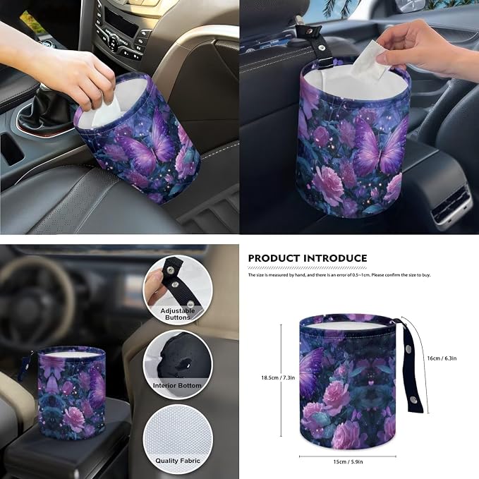 Purple Rose Butterfly 15 PCS Car Seat Cover Set with Auto Steering Wheel Cover Seat Belt Strap Protector Cup Holder Trash Bag Rear View Mirror Protector Keychain