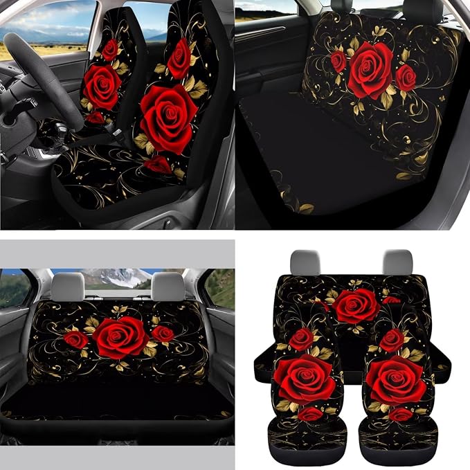 Red Rose Car Seat Covers Full Set for Women with Steering Wheel Cover Seat Belt Cover Pad Cup Car Coasters Trash Can Car Headrest Pillow Covers Armrest Pad,15 Pcs Set