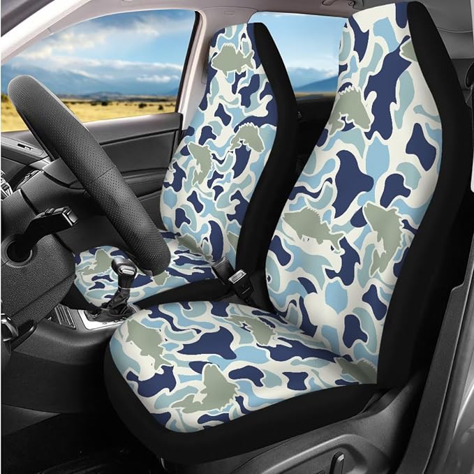 Bulopur Fish Camo Vehicle Seat Covers Front and Back with Auto 15 Inch Steering Wheel Cover Decorative Armrest Cover Comfortable Vehicle Seat Belt Covers 14 PCS Car Interior Accessories Set