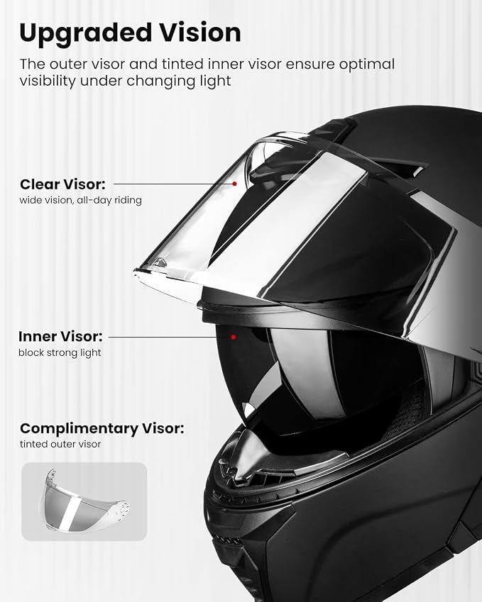 ILM Modular Motorcycle Helmet for Adults Full Face Flip up Riding with Dual Visor Street Bike Racing DOT Model MM966 (Matte Black Silver, M)