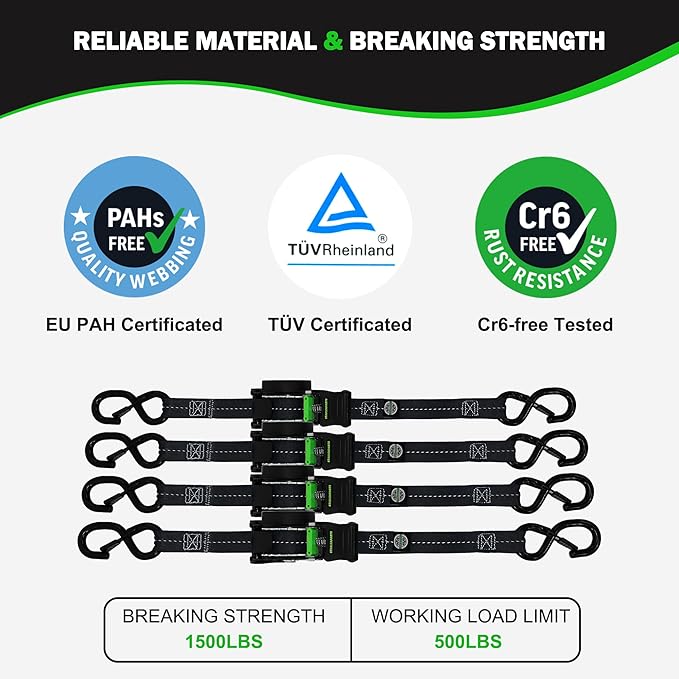 STARLEAPARTS Retractable Ratchet Straps(4PK) - 1,500lb Break Strength, Ratchet Straps Heavy Duty with Rubber Coated Handle, Perfect Auto Ratchet Straps for Motorcycle, Kayak and Trucks (Black)