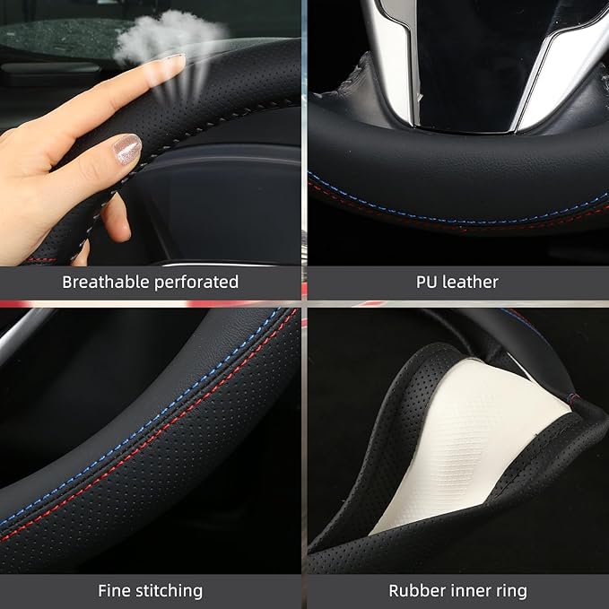 Leather Steering Wheel Cover Custom-Fit for Toyota, Comfort Grip Design Breathable and Non-Slip, Toyota Car Steering Wheel Protector for Women Men, Toyota Accessories,Black (C-Style, for Toyota)