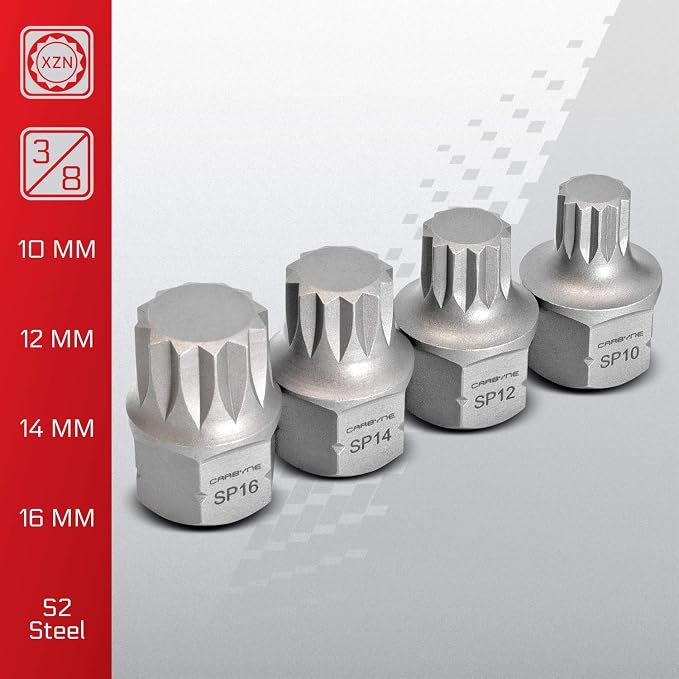 CARBYNE 8-Piece XZN Triple Square Stubby Low Profile Bit Socket Set, 4mm to 16mm, 12 Point Spline, S2 Steel, Dual Drive Internal Square and External Hex for Tight Confined Spaces