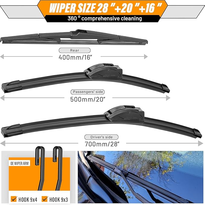 AUTOBOO 28"+20" Windshield Wipers with 16" Rear Wiper Blade Replacement for Toyota Sienna 2011-2017 2018 2019 2020 -Original Factory Quality (Pack of 3)