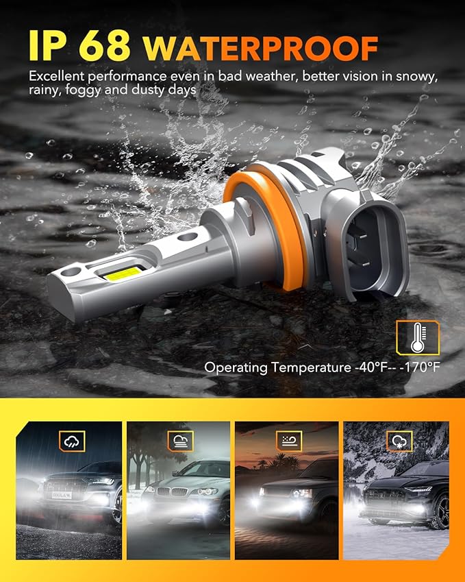 OXILAM H11 LED Light Bulbs, 1100% Ultra Bright 6500K Cool White, Fanless H8 H9 Light Bulb, 1:1 Mini Size, CANbus Ready No Flicker, Pack of 2
