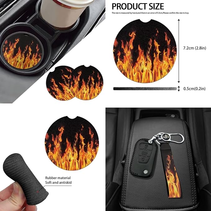 14Pack Orange Fire Flame Car Seat Covers,Neoprene Auto Steering Wheel+Seatbelt Pads Handbreak Cover Vehicle Coasters+Brown Cowhide Keychain+Vehicle Interior Mirror Cover Accessory