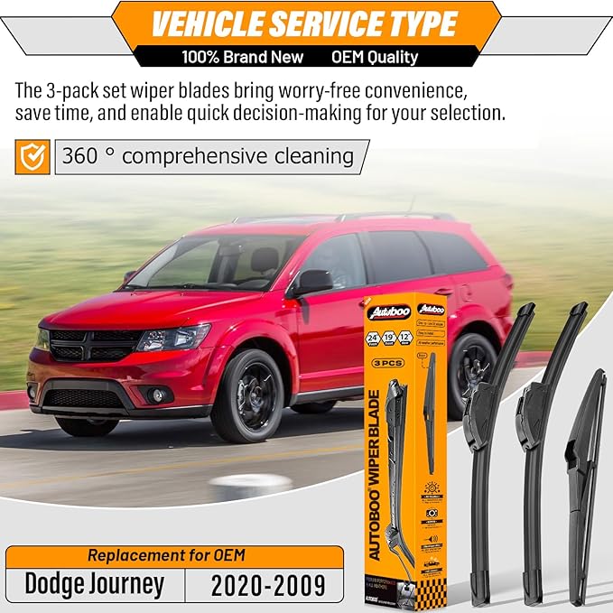 AUTOBOO 24"+19" Windshield Wipers Blades Replacement for 2009-2018 2019 2020 Dodge Journey with 12" Rear Wiper Blade -Original Factory Quality (Pack of 3)