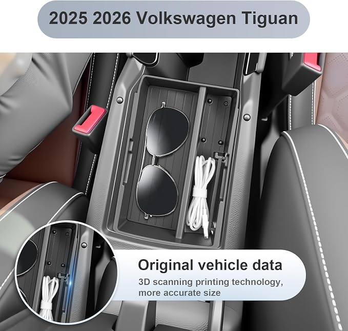 SKTU Upgrade for 2025 2026 VW Tiguan Center Console Organizer for 2025 2026 VW Tiguan (S/SE/SE R-Line Black/SEL R-Line) Console Tray VW Tiguan 2025 2026 Accessories ABS Anti-Slip Insert Console Tray