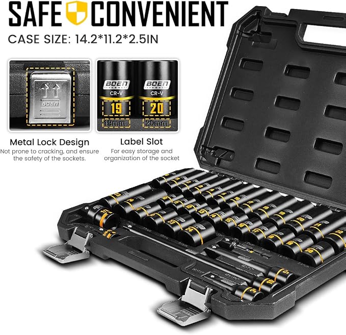 boen 36PCS 1/2" Drive Metric Impact Socket Set + 2PCS 3/8"F to 1/2"M Impact Socket Adapter Set, Yellow Embossed Marking, CR-MO