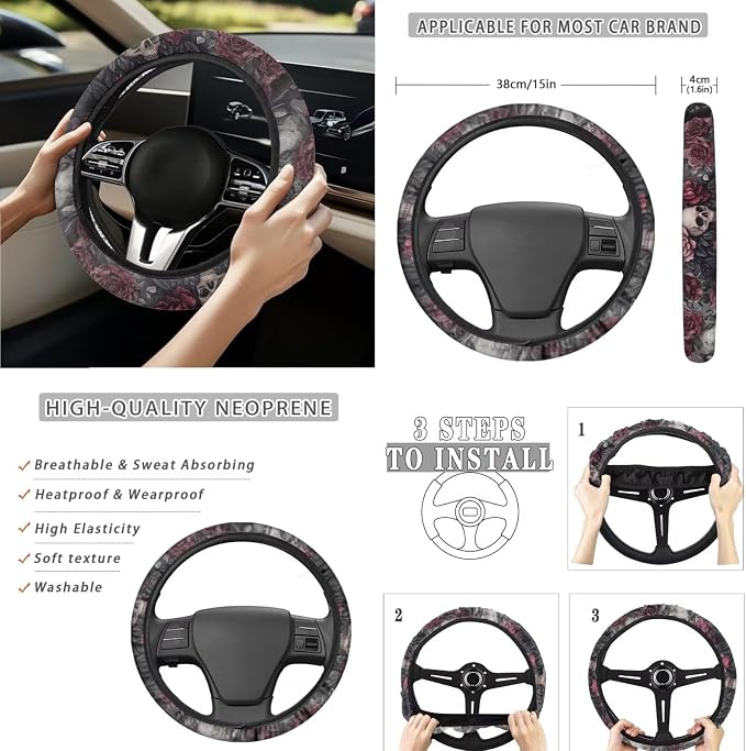 15 Pcs Rose Skull Car Seat Covers Full Set for Women Goth Raven Car Accessories Interior Car Steering Wheel Cover Seatbelt Covers Trash Bin Rear View Mirror Cover Cup Holders Keychain