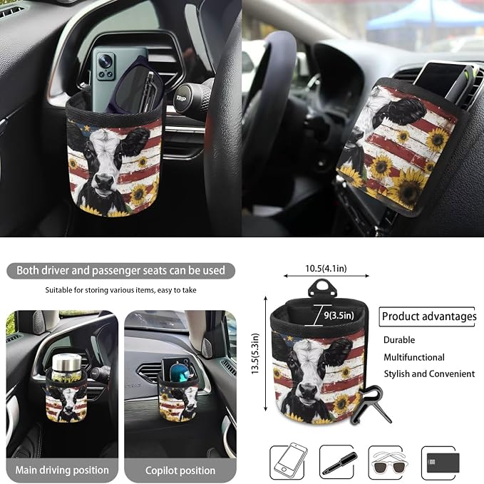 Cow Sunflower Amrican Flag Pattern Car Accessories Set of 10 Front and Back Seat Covers Cup Coasters Car Trash Can Steering Wheel Cover Keychain Air Vent Storage Bag Interior Covers for Auto