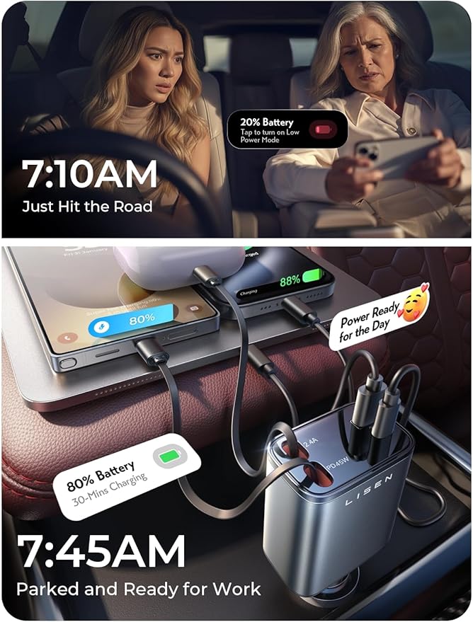 LISEN Retractable Car Charger, Gifts for Him Her, 84W Car Adapter USB C Fast Charger, Gifts for Mothers Day Travel Essentials Car Accessories for Men Women Gifts for iPhone 17 16 15 14 13 Samsung S26