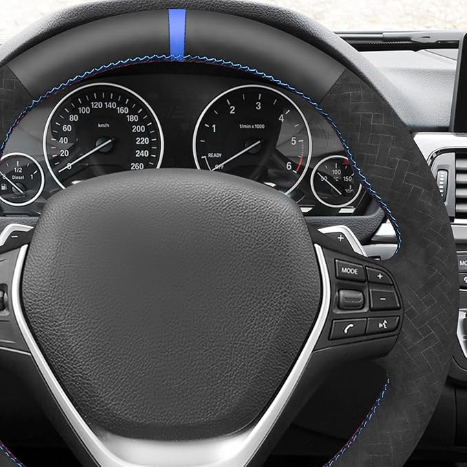 MEWANT Hand Stitch Faux Leather Woven Embossed Athsuede Steering Wheel Cover for BMW 2Series F22 F23 F30 F34 F32 F33 F36