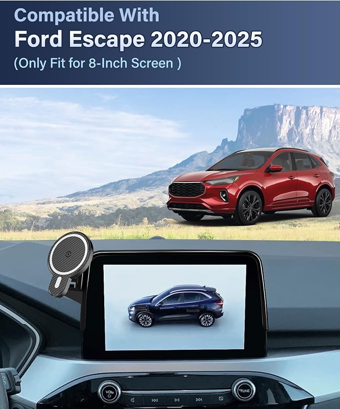 PZK Car Phone Holder for Ford Escape 2020 2021 2022 2023 2024 2025 Accessories 8-Inch Screen Fixed Clip Magnetic 15W Fast Wireless Charger Car Phone Mount Strong Magnets with Sunglasses Storage Box
