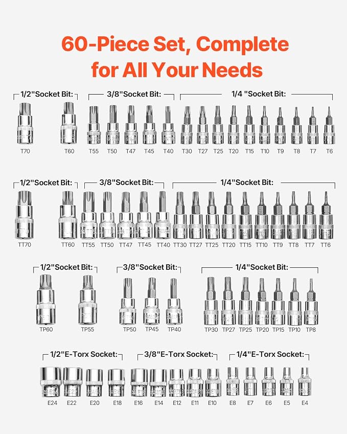 VEVOR Torx Bit Socket and External Torx Socket Set, 60-Piece T6-T70, TT6-TT70, TP8-TP60, E4-E24, S2 Alloy Steel and Cr-V Steel, 1/4 in, 3/8 in, and 1/2 in Drives, with Enhanced Storage Case, Hand Use