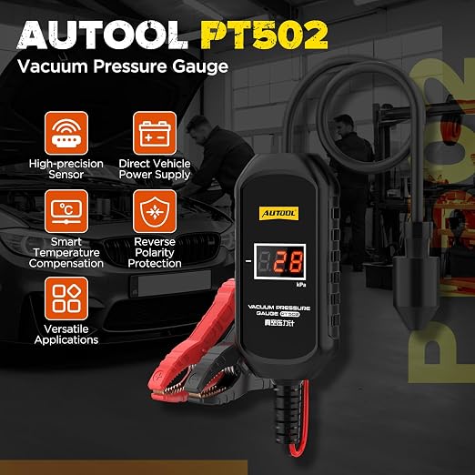 AUTOOL PT502 Digital Vacuum Pressure Gauge, Automotive Vacuum Leak Tester with Temperature Compensation, 101kPa High Accuracy Engine Intake Exhaust EGR Diagnostic Tool, 12V Car Powered