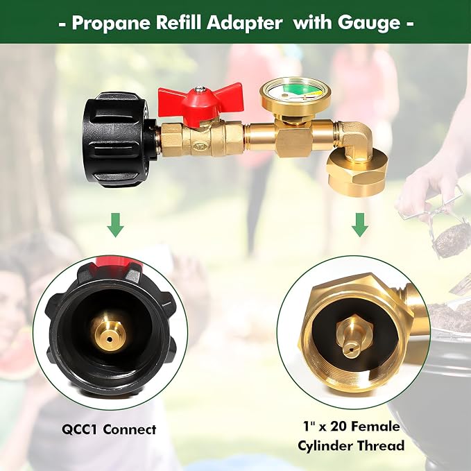 Propane Refill Adapter for 1lb. Tanks, Propane Refill Adapter for Refillable Propane Cylinder 1 lb, Propane Adapter 20lb to 1lb Converter, 90 Degree Elbow Design, with 4 Brass Caps