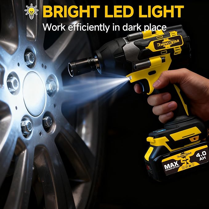 Rhovixster Cordless Impact Wrench 1/2 - 580N.M Max Cordless Impact Wrench Set with 2 Speed Adjustable, Brushless Motor High Torque Impact Guns with 2x4Ah Batteries and Charger