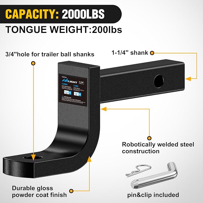 Nilight Trailer Hitch Ball Mount with 1/2" Hitch Pin Clip Fits 1-1/4 Inch Receiver Square 2000 lbs 3-1/4"Drop, 2-5/8" Rise, 3/4" Hole, Gloss Black Powder Coat