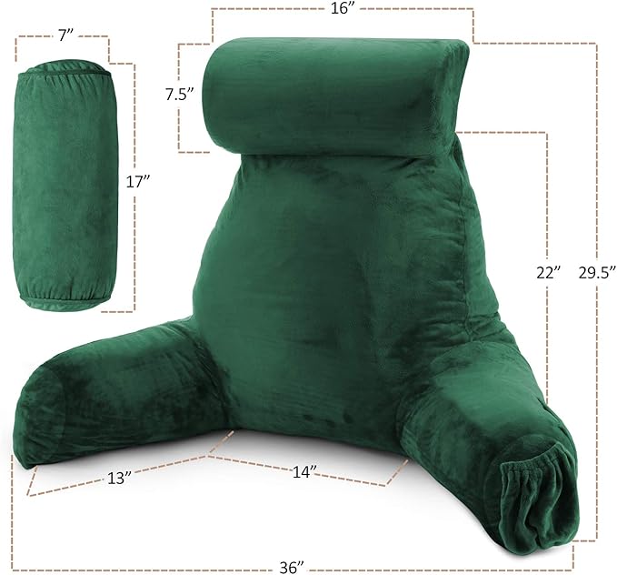 Nestl Reading Pillow with Shredded Memory Foam Includes 2 Neck and Lumber Support Pillows, Designed for Sitting Up in Bed and Couch, Back and Arms Adjustable Support for Adult & Teens, Dark Green