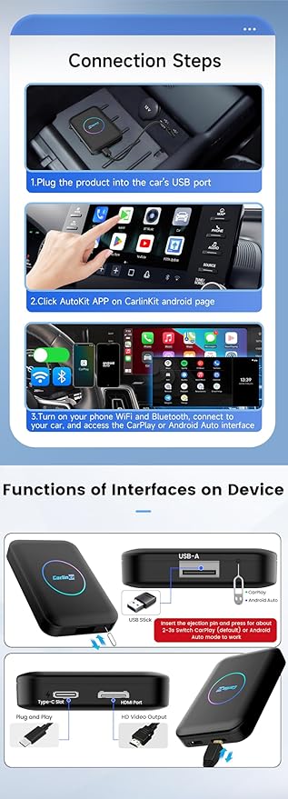 CarlinKit Tbox-LITE S with HDMI Output – Mirror Front Screen to Rear-Seat Display for in-Car Entertainment, Supports Wireless CarPlay/Android Auto, Online Video