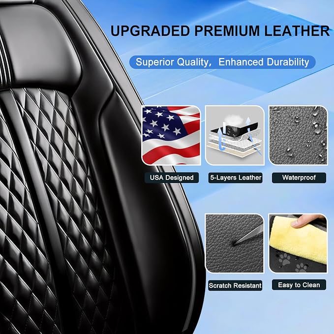 Fit XT4 Car Seat Covers for Select Cadillac XT4 2019-2026 - Premium Full Coverage Leather, Airbag Compatible & Scratch-Resistant, Waterproof & All Weather Seat Protector, Full Set, Black