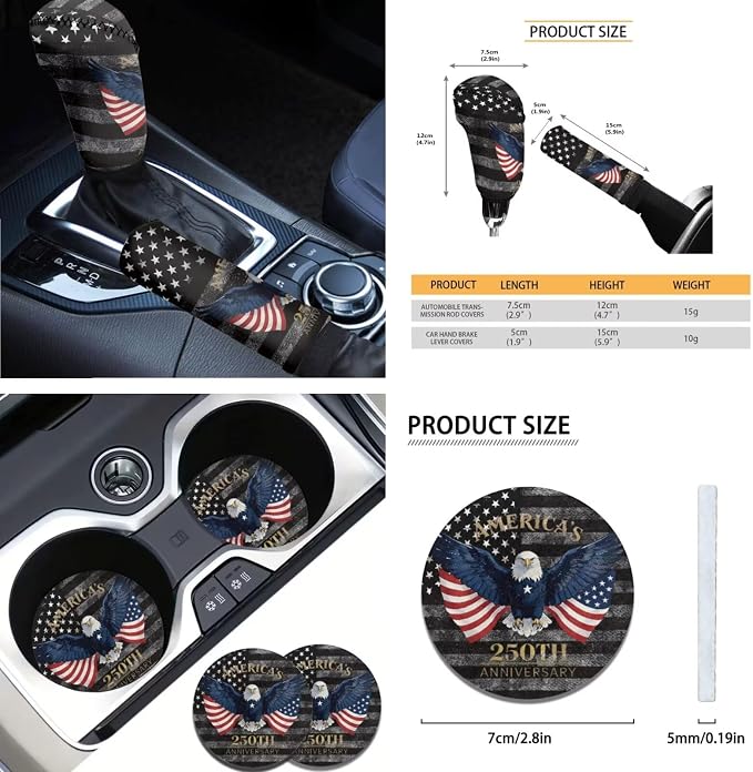 AFPANQZ Car Seat Covers Full Set Seat Belt Shoulder Pads Cup Holder Steering Wheel Cover, Black American 250 Years Gear Shift Knob Cover Handbrake Protector Full Set of 11