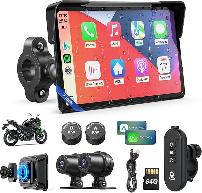 WonVon Motorcycle CarPlay Screen with Android Auto – 7” Waterproof GPS, Pantalla para Moto, Apple CarPlay, Navigation System for Motorcycle, Dual 2K Dash Cam Bluetooth Audio,64GB&TPMS with Magnetic