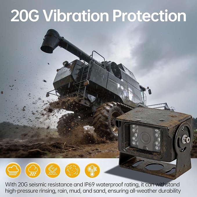 7" AHD Backup Camera System, IP69K Heavy‑Duty Reverse Rear View Camera with Guide Line, Night Vision, 20G Vibration‑Proof, Plug and Play for Truck/RV/Trailer/Tractor/Excavator/Heavy Equipment