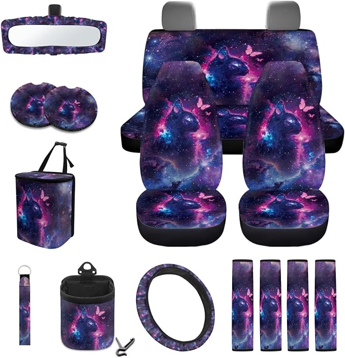 Cat Galaxy Butterfly Pattern Car Seat Covers Full Set Steering Wheel Cover Trash Can Air Vent Storage Bag Seatbelt Covers Rearview Mirror Cover Cup Coasters 15pcs Car Interior