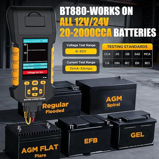 BT880 Car Battery Tester,12V/24V Battery Load Tester with Built-in Thermal Printer, 20-2000 CCA Testing,Cranking/Charging Test,Voltage/Current Monitor,Data Logging & Safety Protections
