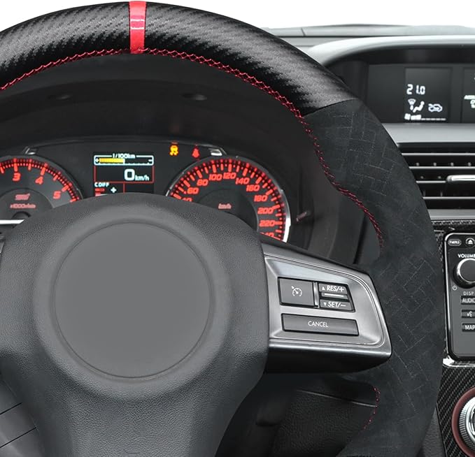 MEWANT Hand Stitch Black Matte PU Carbon Fiber Woven Embossed Athsuede Steering Wheel Cover for Subaru WRX STI 2015-2021