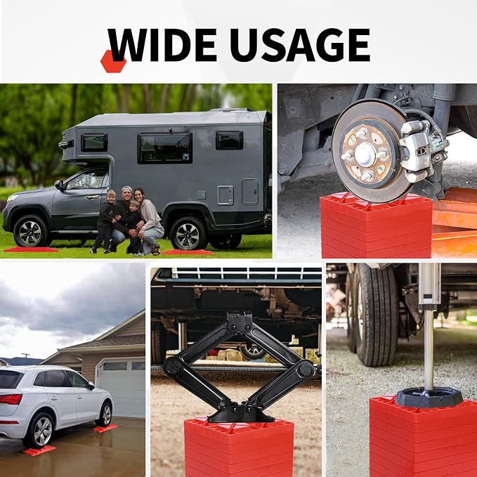 12 Pack Camper/RV Leveling Blocks Suitable for 4 Wheels Interlocking and Anti-Slip Design with Carrying Bag Heavy-Duty for Camper Travel Trailer Red