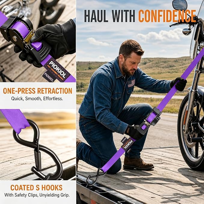 Retractable Ratchet Straps (4-Pack) - 1 Inch x 10 Feet (1,764lb Break Strength) - Heavy Duty Auto Self Retracting Tie Down Straps for Truck, Cargo Trailer, Motorcycle, ATV, UTV – Purple
