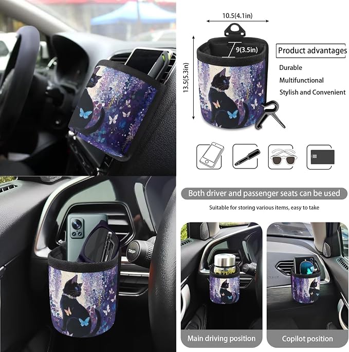 Cat Butterfly Print Full Set Car Seat Covers with Accessories for Women, Including Car Front Rear Seat Covers Steering Wheel Cover Safety Belt Pads Garbage Bag etc, Purple